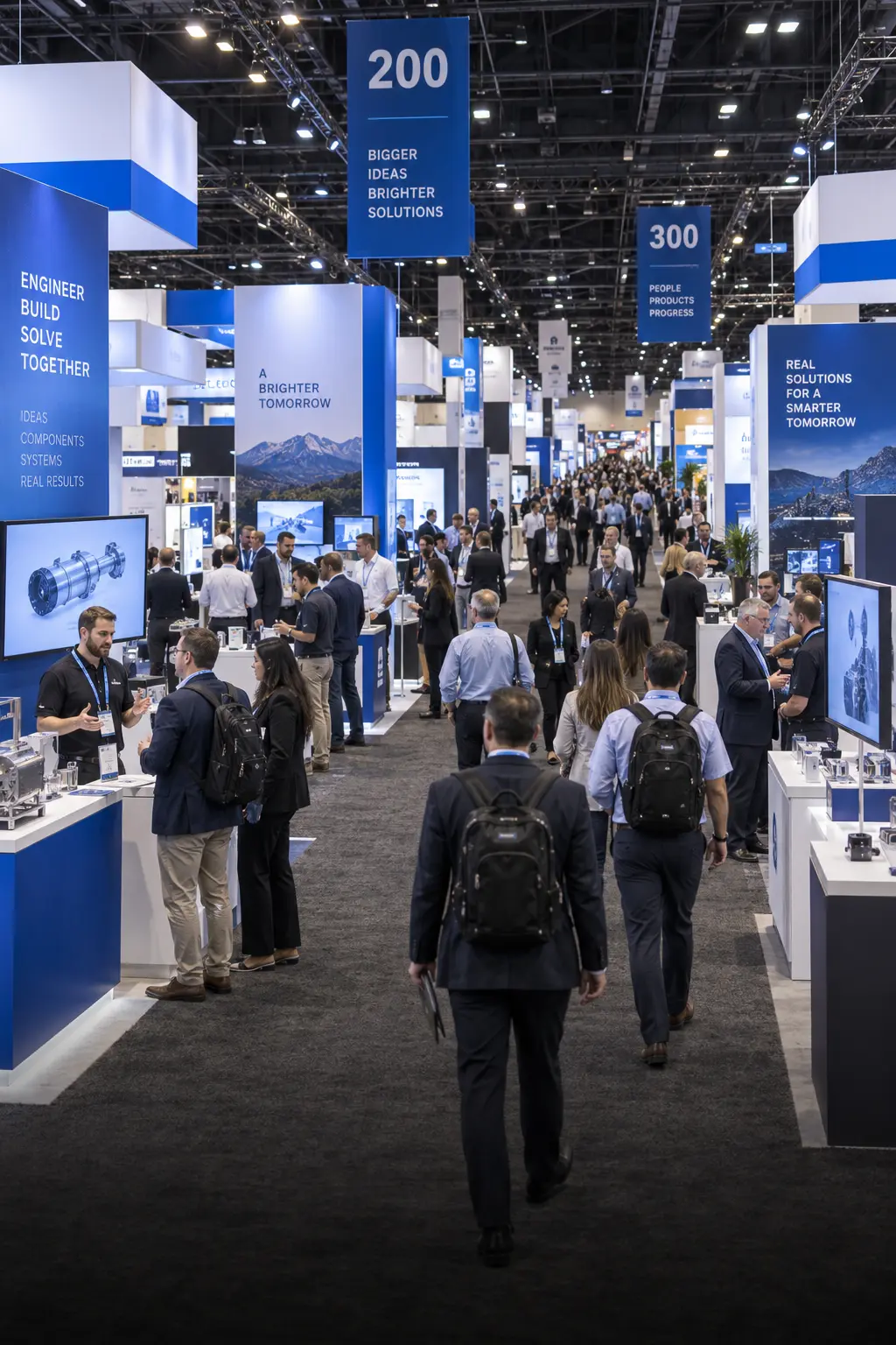 Attendees exploring a busy trade show floor with exhibit booths and overhead aisle signs.